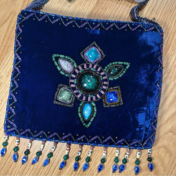 BOHO Velvet Beaded Purse Pouch Blue Silk Stones Ornate Fringe & Strap - Picture 2 of 7
